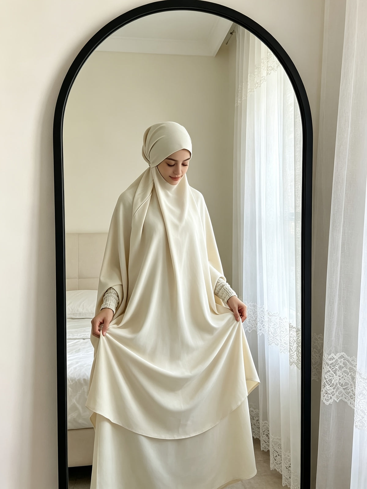 Casual Modest Outfit Set with Matching Head Wrap, Lightweight Breathable Loose Fit Puff Sleeve Top and Maxi Skirt for Everyday Use - Off-white
