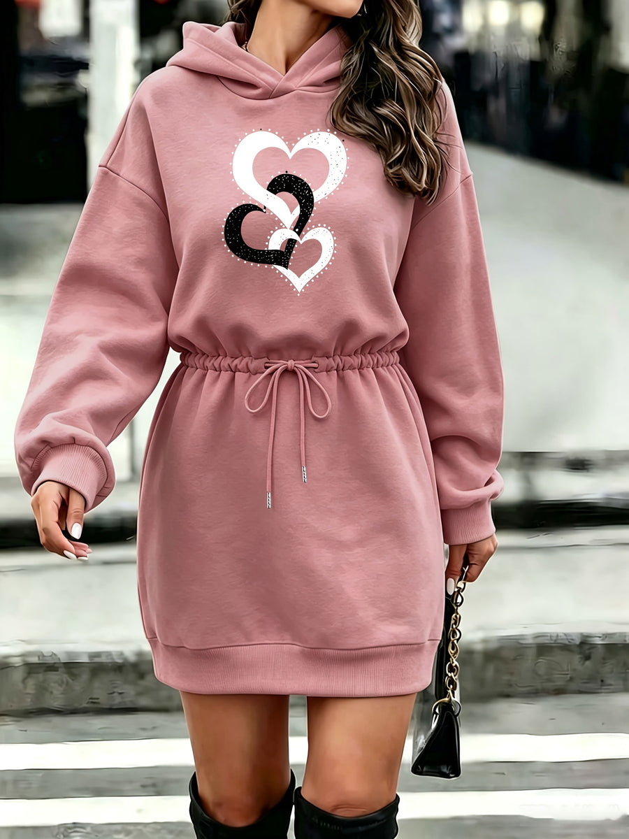 Women'S Cinched Waist Drawstring Valentine'S Day 3-Heart Connected Print Hoodie - Dark Pink