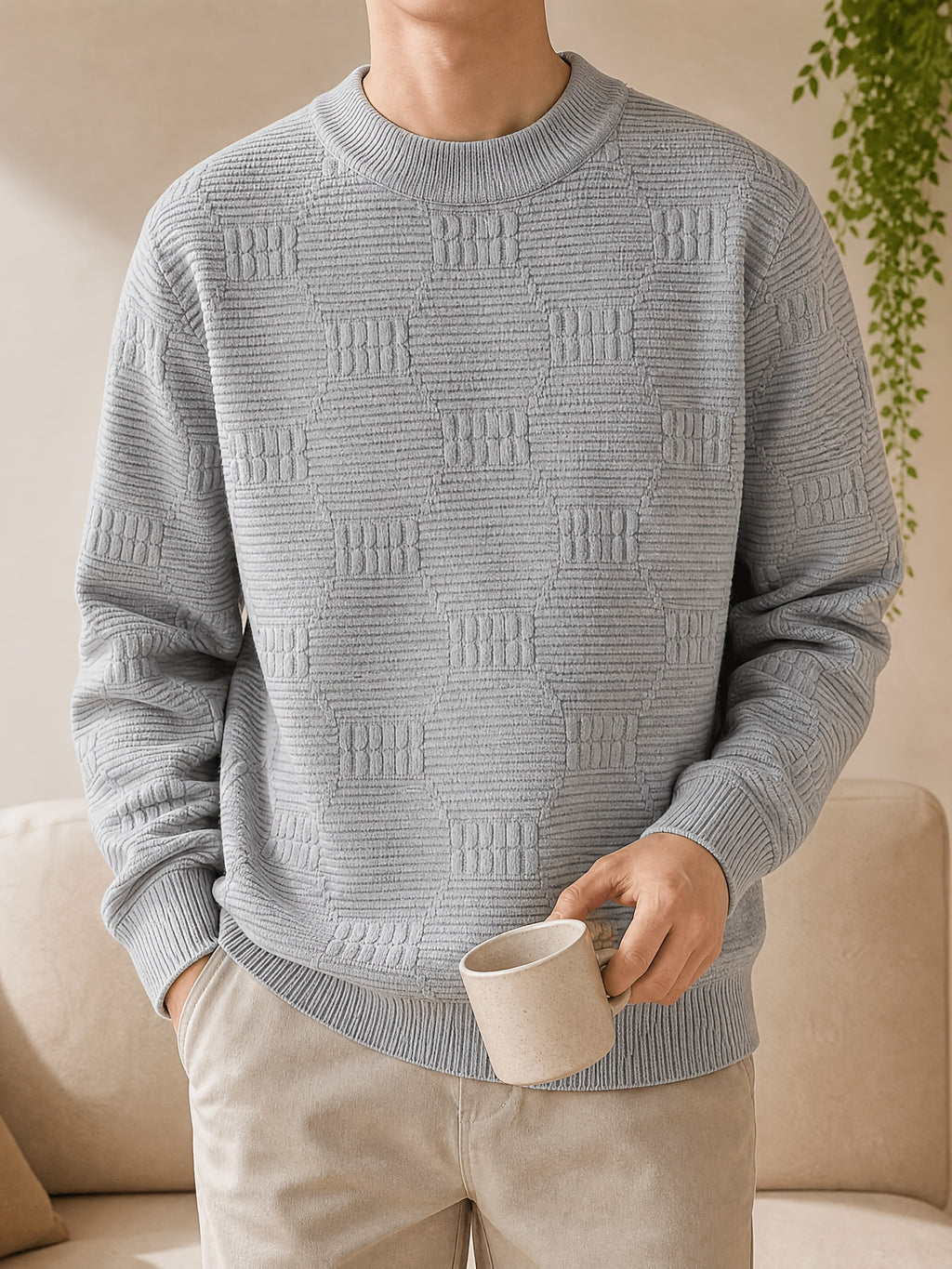 1pc Du Jing Lan OBM Men's Knit Sweater - Old Money Style Striped Crew Neck Sweater, Loose Fit Solid Color Base Suitable for Layering, Business Casual & Outdoor Wear, Long Sleeve Pullover for Golf, Basketball, Vacations, Spring/Autumn/Winter - Light Grey