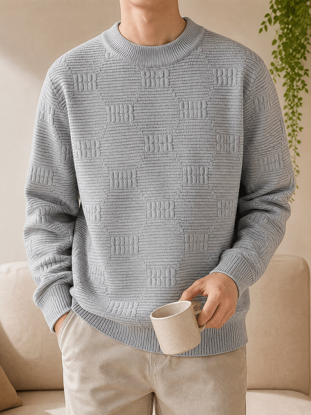 1pc Du Jing Lan OBM Men's Knit Sweater - Old Money Style Striped Crew Neck Sweater, Loose Fit Solid Color Base Suitable for Layering, Business Casual & Outdoor Wear, Long Sleeve Pullover for Golf, Basketball, Vacations, Spring/Autumn/Winter - Light Grey