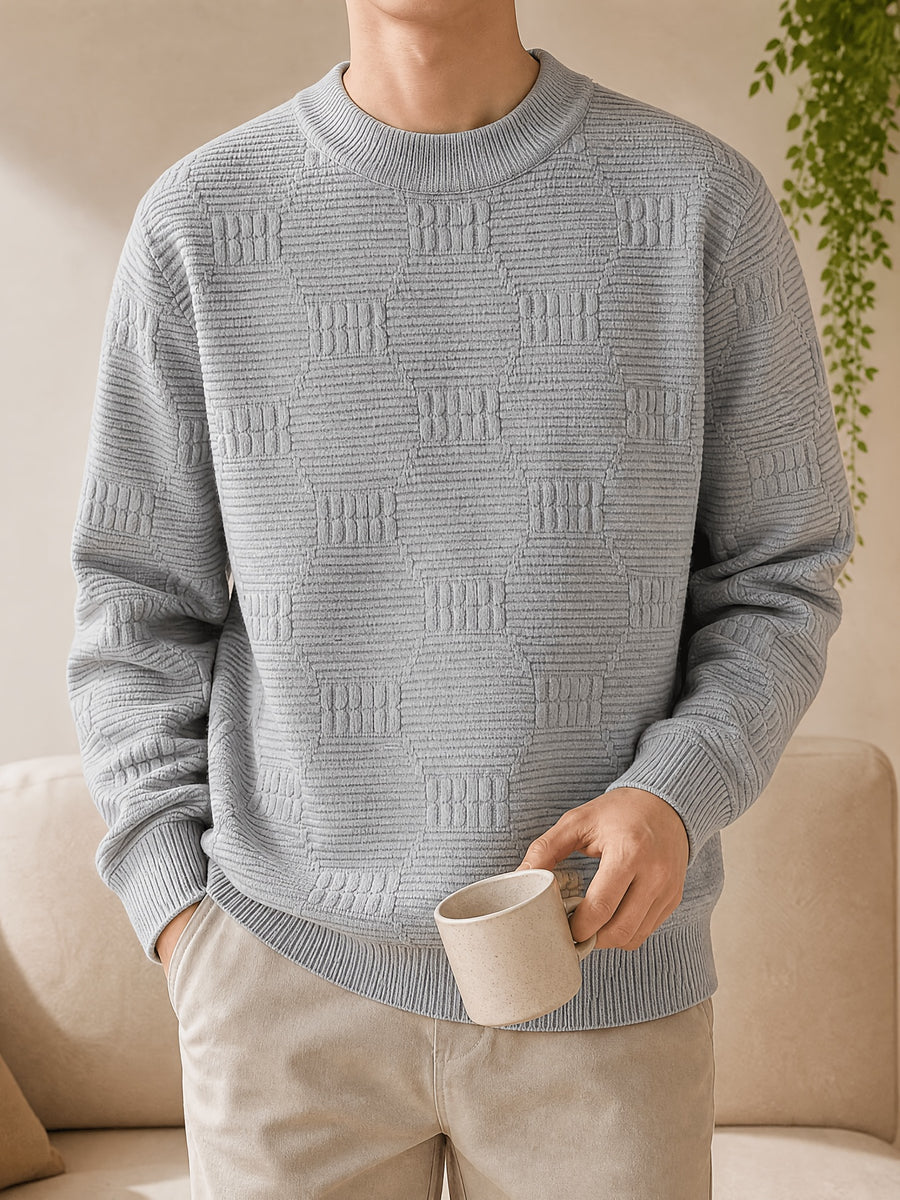 1pc Du Jing Lan OBM Men's Knit Sweater - Old Money Style Striped Crew Neck Sweater, Loose Fit Solid Color Base Suitable for Layering, Business Casual & Outdoor Wear, Long Sleeve Pullover for Golf, Basketball, Vacations, Spring/Autumn/Winter - Light Grey