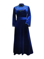 Ramadan Saudi Arabia Abaya Robe, Velvet Zipper Green Water Drop Rhinestone Middle Eastern Dress - Blue