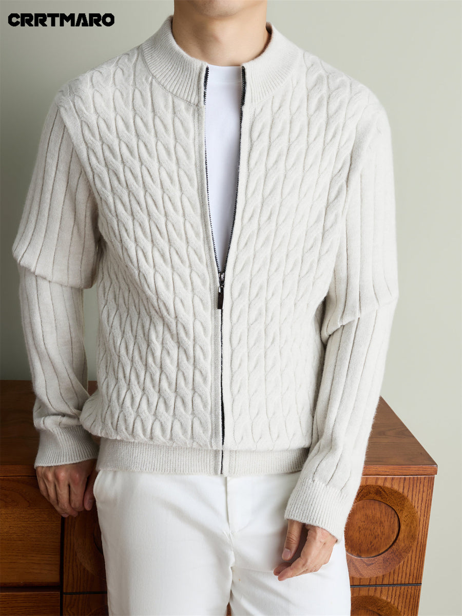 Men'S Heavyweight Thick Zip Neck Mock Neck Knit Cardigan, Warm Casual Layering Top for Fall And Winter - White Flower Gray