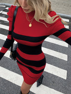 Color Block Striped Puff Sleeve Dress - Burgundy
