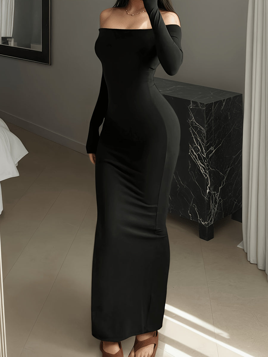 Women'S Spring Summer Elegant Off-Shoulder Long Sleeve Maxi Dress Bridesmaid Gown - Black