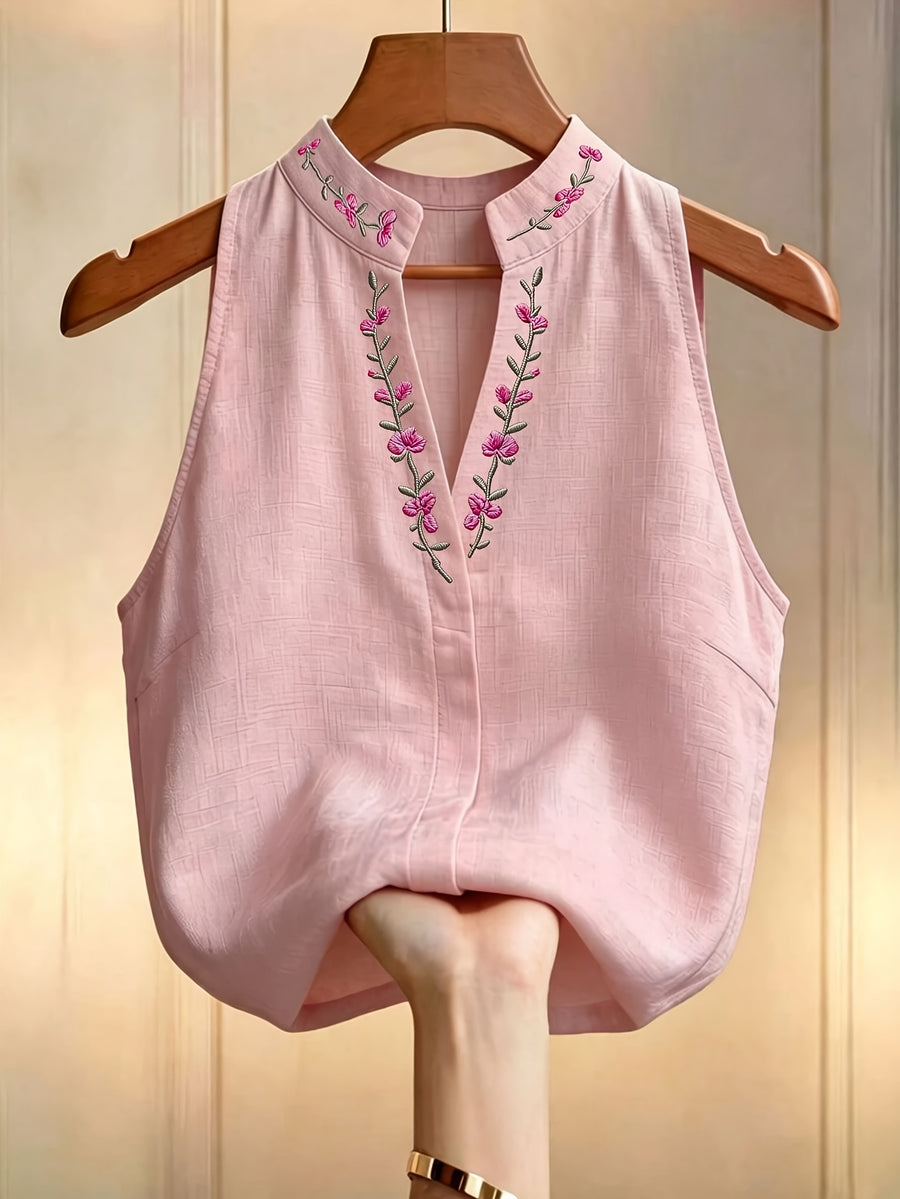 Women's Floral Embroidered Stand Collar Sleeveless Blouse, Embroidered Top, Elegant Summer Outfit, Office and Commuting Attire, Pretty Blouse, Casual Elegance, Shirt - Pink Color
