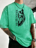 Vintage Washed Loose Double-Faced Print T-Shirt with Letter Pattern, Unisex Classic Basic Style, Soft And Durable Short Sleeve, Suitable for Students And Office Workers - Green