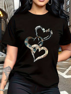 Emotion and Love" Representative, Metallic Art Heart Print Trendy Fashion, Simple Round Neck Casual Versatile Short Sleeve Women's T-Shirt for Leisure, Travel, and Vacation - Black