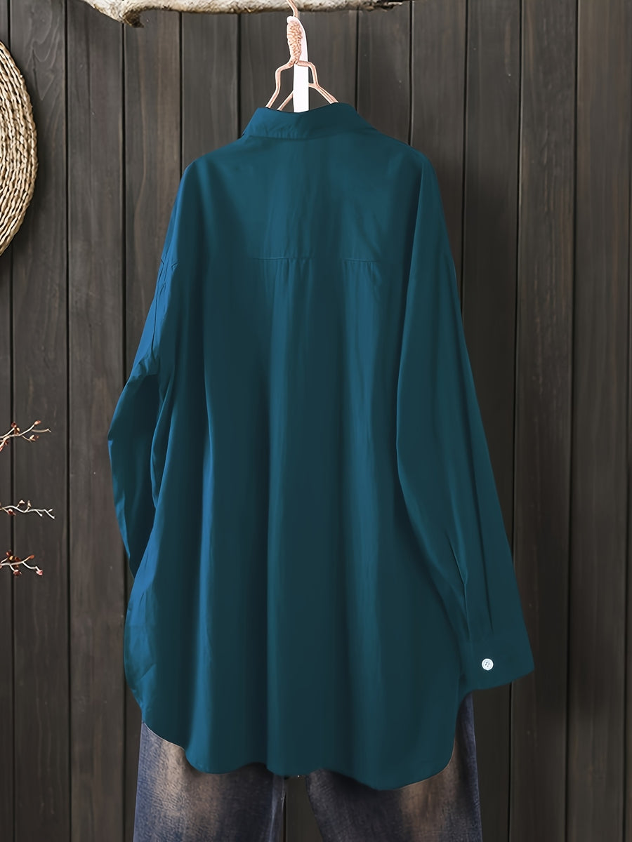 Women'S Loose Elegant Spring Autumn Long Sleeve Office Shirt Solid Color Casual Versatile Easy Top Work Blouse - Navy Color