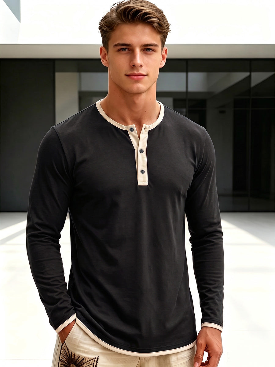 Men'S Retro Color-Block Casual Henley Long Sleeve, Spring Summer Autumn Regular Fit Fashionable Versatile T-Shirt, Solid Color, Knit Fabric, Breathable Comfortable Henley Long Sleeve, Half-Button Round Neck Design, Multiple Colors Available - Black