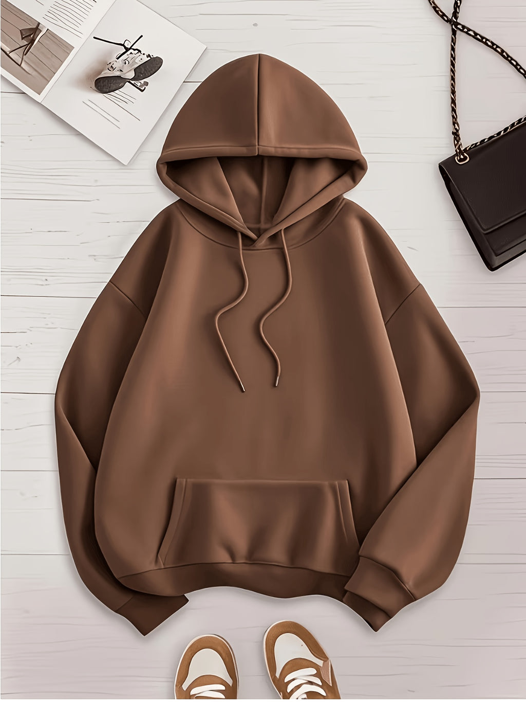 Plus Size, Plus Size Women's 3pcs Solid Color Set with Hooded Sweatshirt, Kangaroo Pocket, and Drawstring Hood - Black+Pink+Brown