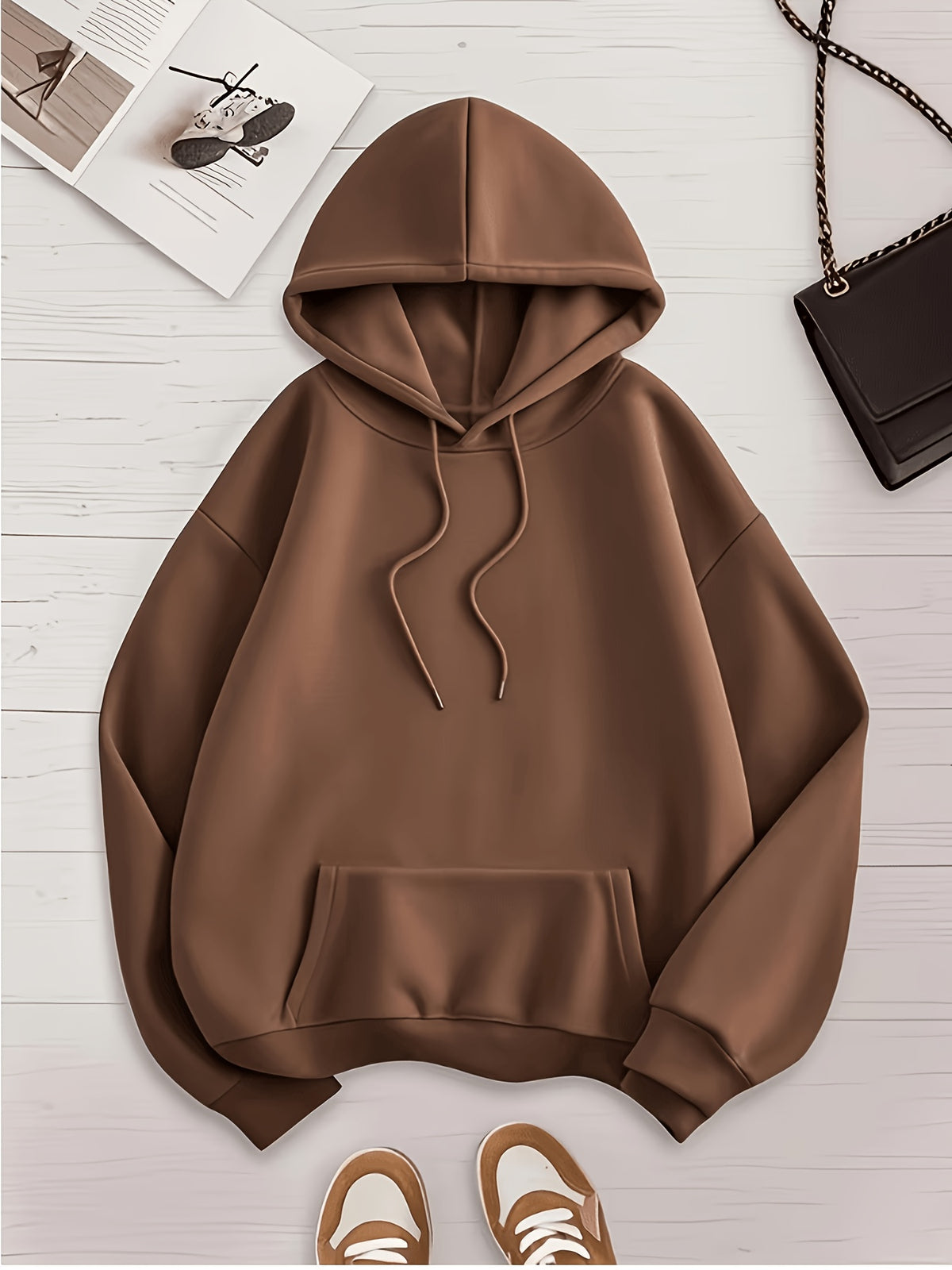 Plus Size, Plus Size Women's 3pcs Solid Color Set with Hooded Sweatshirt, Kangaroo Pocket, and Drawstring Hood - Black+Pink+Brown