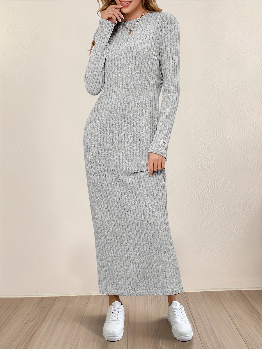 New Women's Round Neck Pullover Long Dress, Suitable for Home Wear, Outerwear, or as a Base Layer, Long Sleeve, Slim Fit, Loose Fit, A-Line, Solid Color, Ribbed, Relaxed Style Long Dress - Grey
