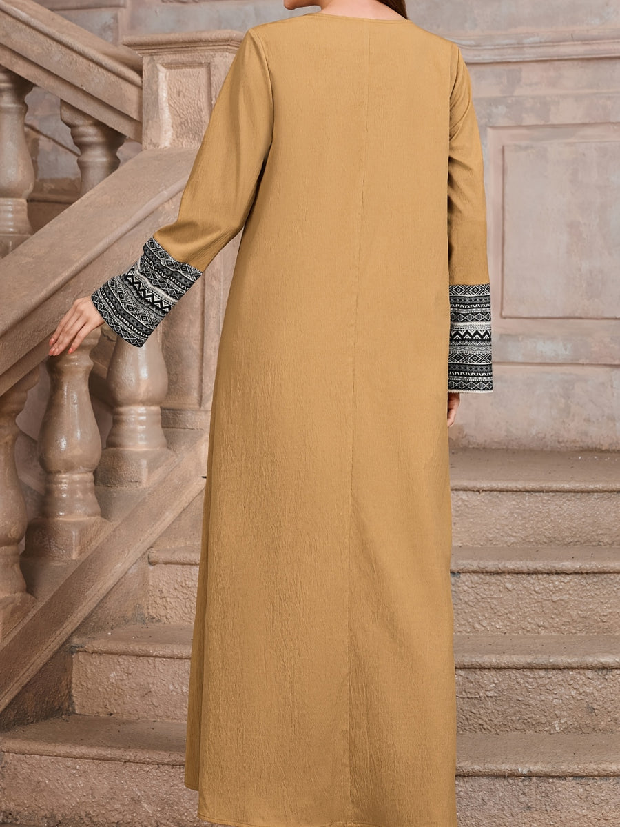 2026 Spring/Summer New Long Sleeve Women's Printed Maxi Dress, Loose A-Line Fringe Patchwork Middle Eastern Dress - Camel