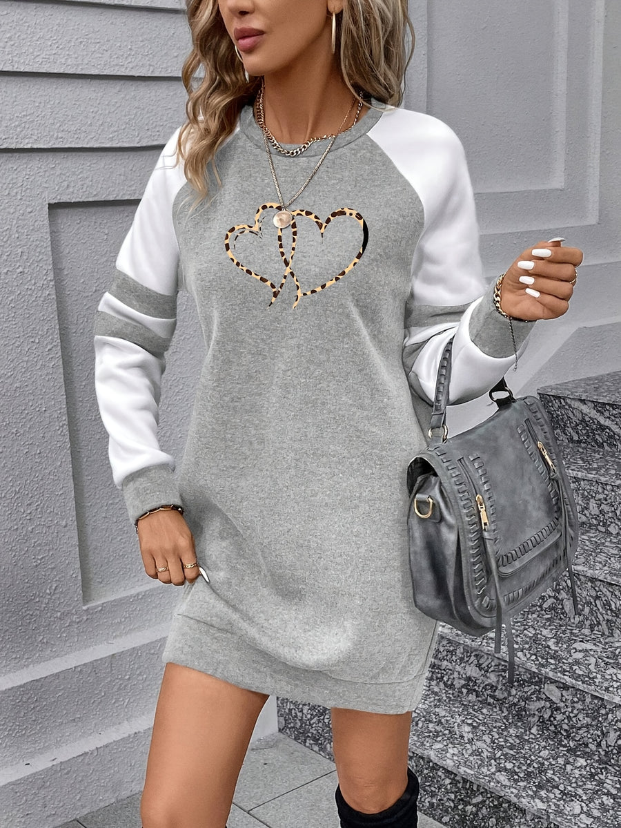 Color-block Long-sleeve T-shirt Dress with Heart Print, Women's Sweatshirt - White & Gray