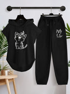 Women'S Sleeveless Hooded Top And Casual Long Pants Set X3649 - Black