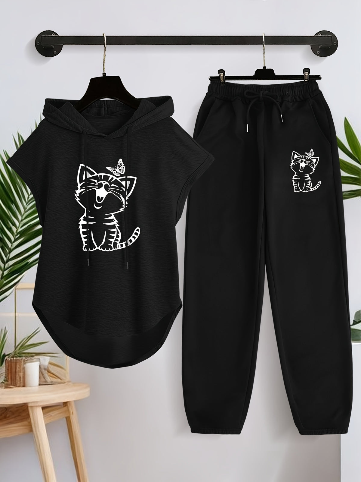 Women'S Sleeveless Hooded Top And Casual Long Pants Set X3649 - Black