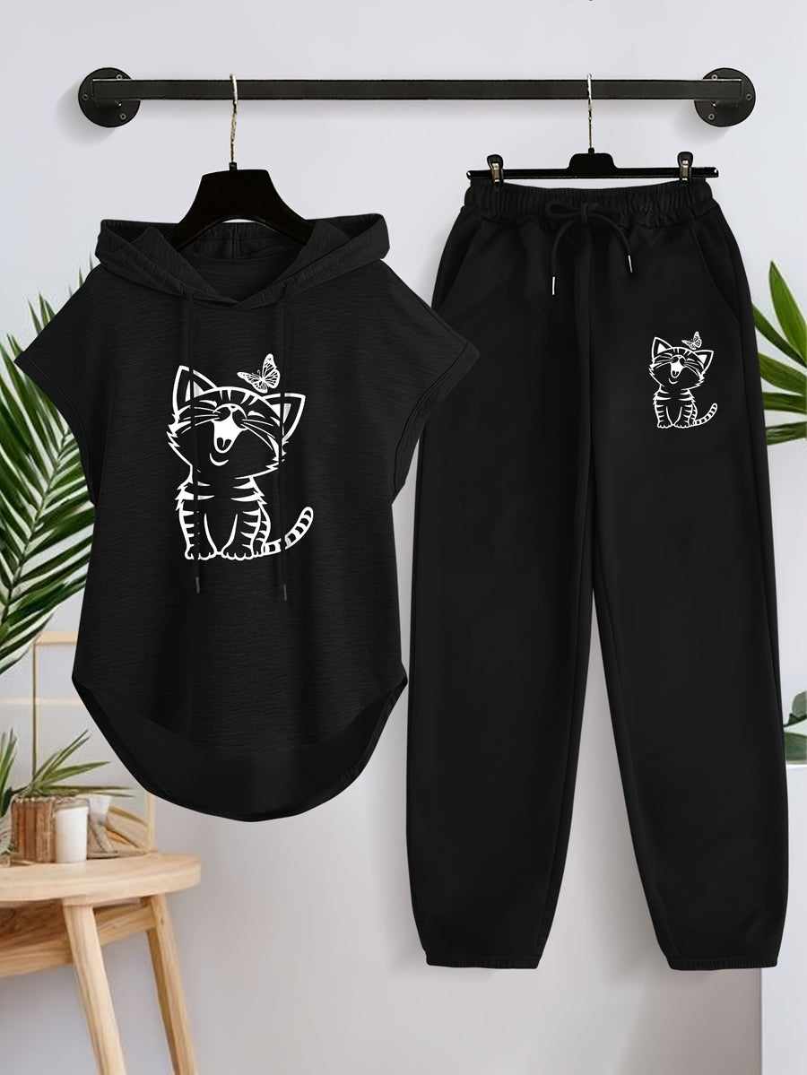 Women'S Sleeveless Hooded Top And Casual Long Pants Set X3649 - Black