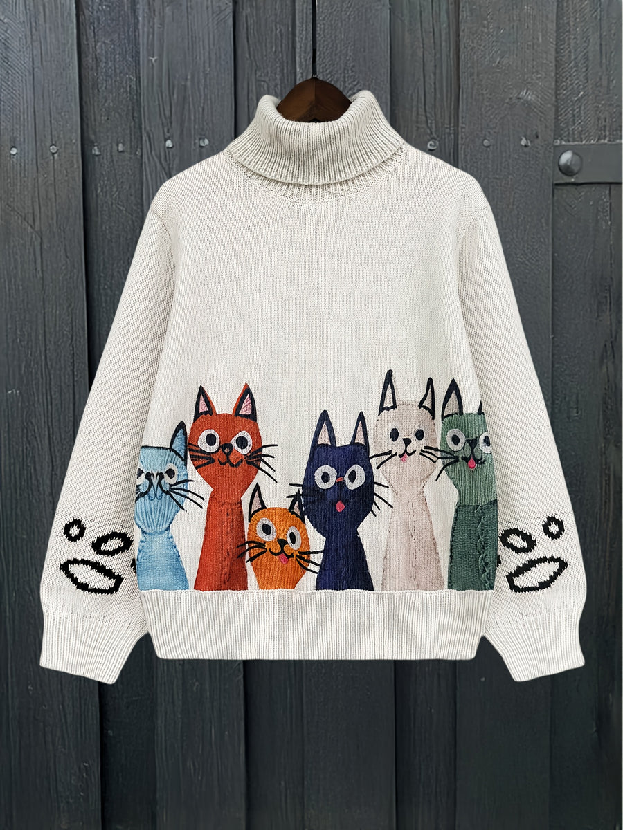 Women's Retro Cat Print Sweater - Playful Cartoon Cat Faces, Loose Fit Long Sleeve Pullover, Soft Warm Winter Top with Ribbed Detailing, Cozy Autumn Winter Casual Outfits, Cat Sweater, Autumn Wardrobe, Durable Comfort - Granny Gray