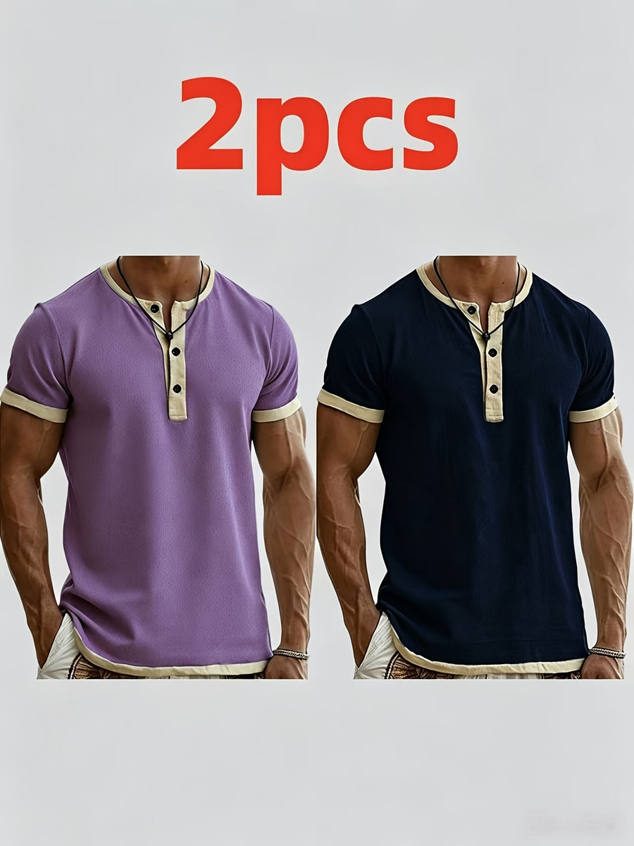 2pcs Men'S Henley Short-Sleeve T-Shirt, Slim-Fit Casual Top, Contrast Color Design, Ideal for Pool Parties, Beach Vacations, And As a Gift for Beachwear, Daily Commute, Casual, Lazy - Purple+navy Blue