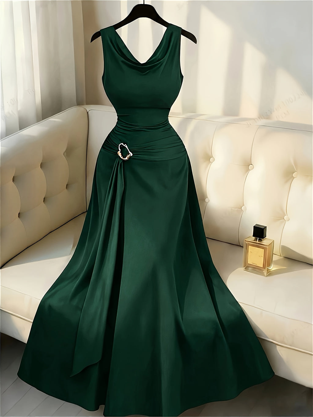 Sleeveless Puff Sleeve Dress Women'S Metallic Buckle Waist-Cinching Bodycon Skirt Elegant Temperament Evening Date Dress Long Dress - Dark Green