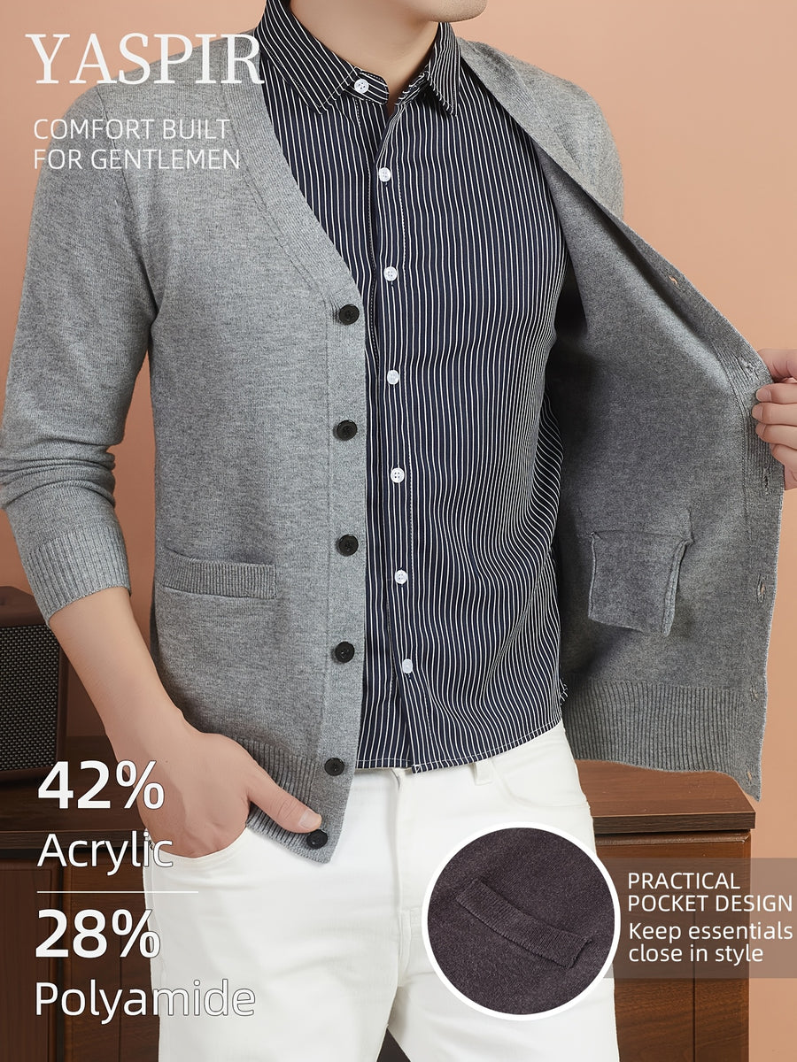 Men'S Layered Polo Collar Cardigan Design, Lightweight Refined Knitwear in Timeless Old Money Style, Perfect for Casual, Outdoor & Everyday Wear - Medium Gray