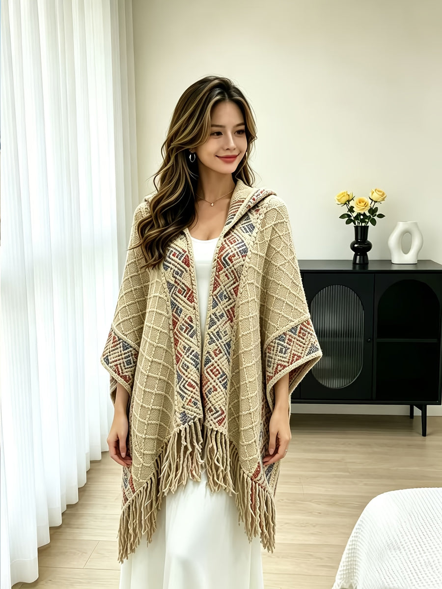 Women Geometric Pattern Fringe Hooded Poncho Cardigan, Loose Shawl Cape Coat, Boho Casual Oversized Cover Up Tops Outerwear - Khaki