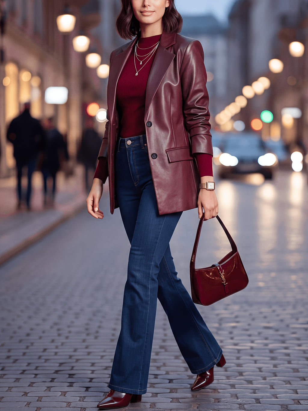 Vintage PU Jacket, Fashionable and Temperamental Blazer - Burgundy
