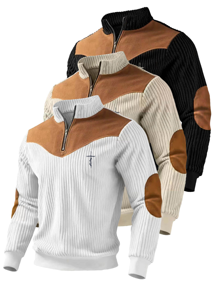 A 3pcs Men's Top Featuring Ribbed Cable-knit with Brown Block Design, Stand-up Collar, and Zipper Closure, Suitable for Both Daily Commutes and Formal Occasions, Offering a Casual yet Elegant Look - Black + Apricot + White