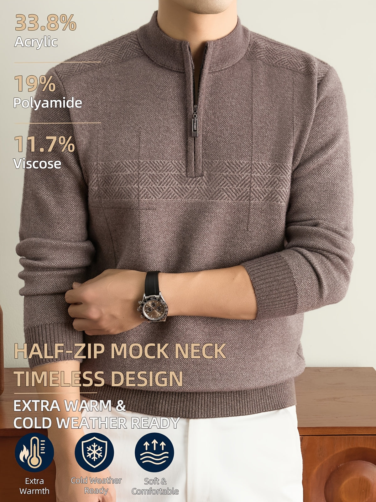 Men'S Half-Zip Knit Sweater, Classic Stand Collar And Textured Pattern, Thickened Warm Pullover in a Refined Timeless Style for Casual, Work, Hiking, Camping, Fishing, And Outdoor Wear - Camel