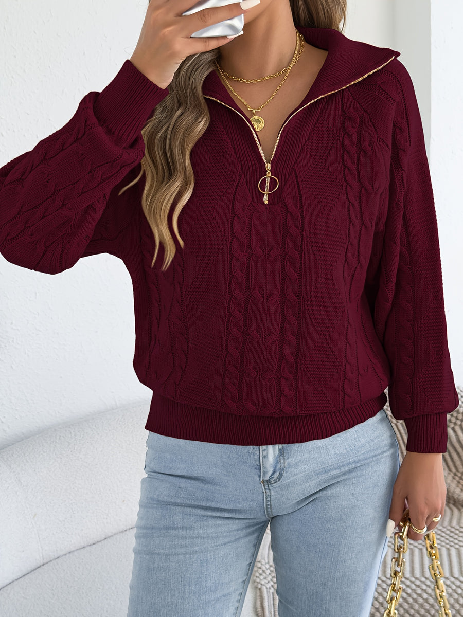 Autumn and Winter Leisure Vacation Pullover Sweater Solid Color Zipper Lapel Women's Sweater - Burgundy