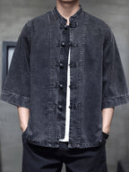 New Chinese Retro Button-Up Denim Jacket Men'S Summer Tang Suit National Style Loose Plus Size 3/4 Sleeve Tea Dress Trendy - Black