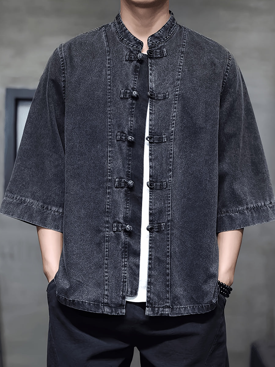New Chinese Retro Button-Up Denim Jacket Men'S Summer Tang Suit National Style Loose Plus Size 3/4 Sleeve Tea Dress Trendy - Black