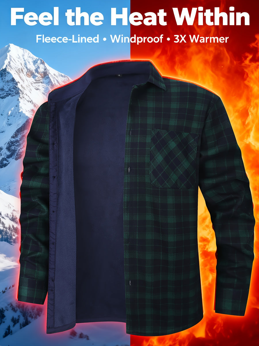 Autumn/Winter Plaid Flannel Shirt for Men, -Lined, Thickened, Warm, Long-Sleeve Workwear Jacket, Casual Top, New Season - Green Grid