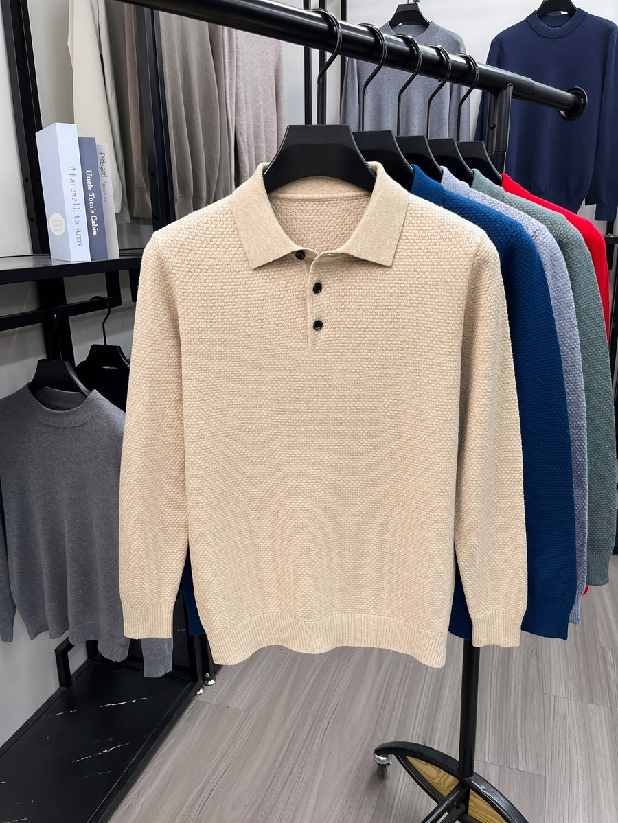 Autumn Men'S Long Sleeve T-Shirt Long Sleeve Pineapple Needle Lapel Business Casual Solid Color POLO Shirt - Khaki 1