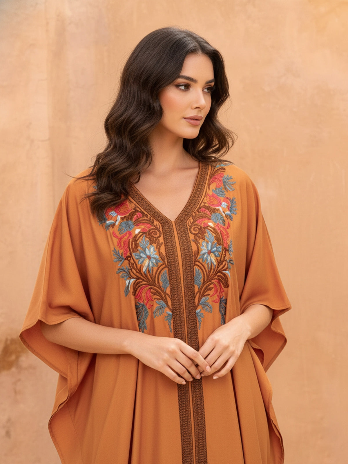 Elegant Floral Embroidered Batwing Sleeves Cover up for Women V-Neck Boho Long Maxi Dress Flowy Summer Holiday Caftan Robe Q1807 - Orange-Red