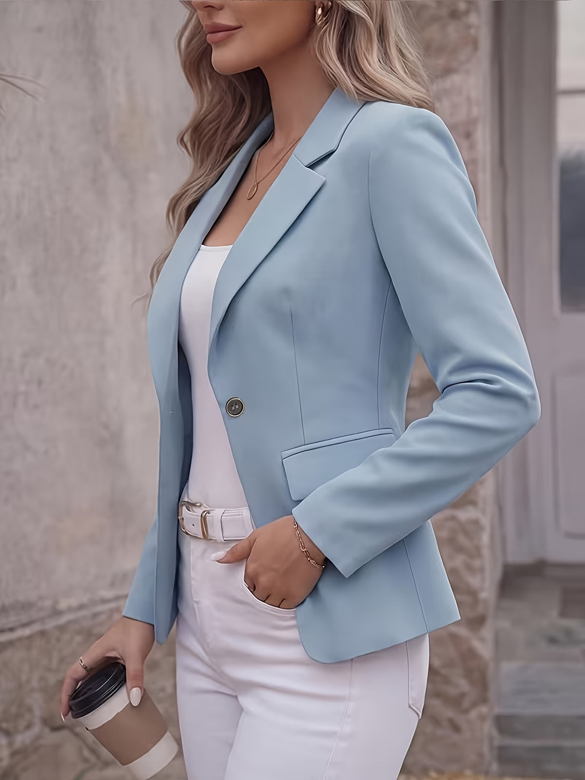 [Maan Mu Qing Directional] BK260608085 Spring Autumn New Style Solid Color Long Sleeve Single Button Versatile Fashion Commuter Suit Jacket with Lining And Pockets - Light Blue