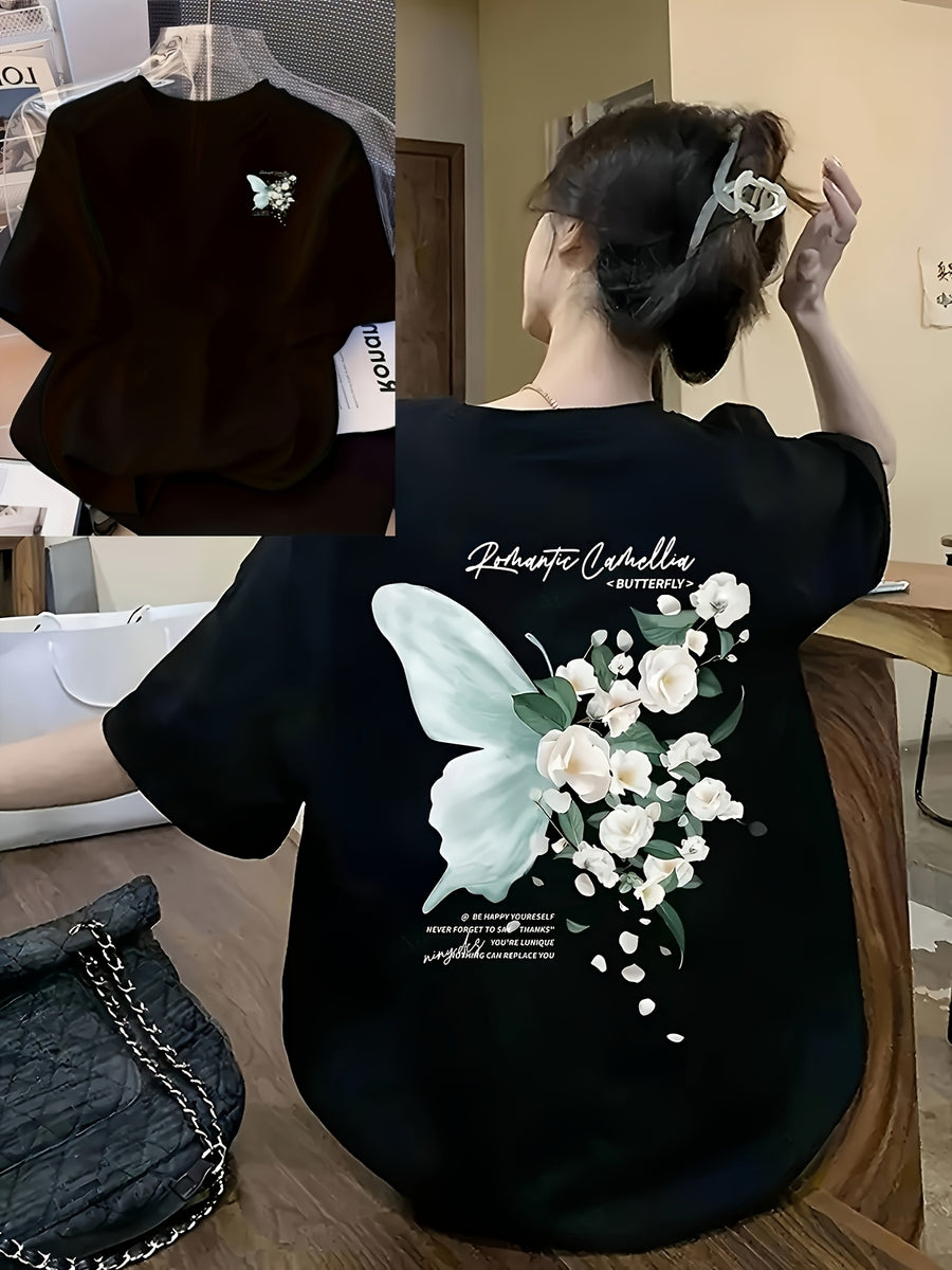 Women's Oversized Short-Sleeve T-Shirt with Double-Sided Butterfly Print - Soft Breathable Polyester Blouse-Compatible Top | Round Neck Loose Fit Casual Shirt Suitable for Spring/Summer Casual Attire, Machine Washable - Black