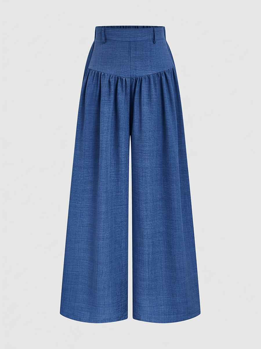 Women's Casual Elegant High-Waist Wide-Leg Pants with Pleated Design, Suitable for Work and Leisure Wear, Autumn/Winter Collection, Belt Not Included - Navy Color