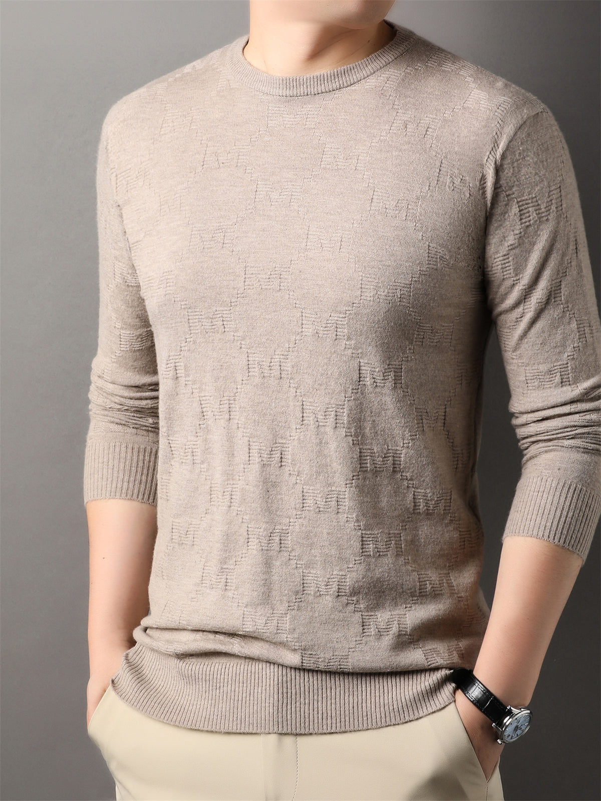 Autumn Winter Knit 3D Solid Round Neck Sweater, Basic Knit Pullover Top, Men'S Fashion Long Sleeve Sweater, Mon-J - Light Camel