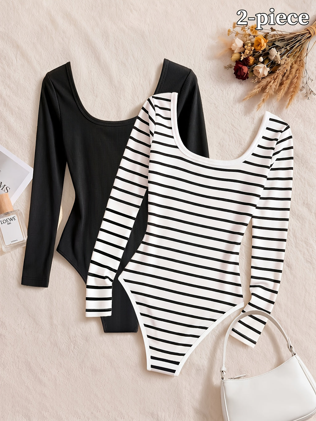 2pcs Set Classic Basic Square Neck Long Sleeve Bodysuit Women'S Slim Fit One-Piece Base Layer Easy Striped Solid Double Style Close-Fitting Non-Tight Commute Inner Wear All-Match Shaping Long Sleeve Top (Necklace Not Included) - Black+Stripe