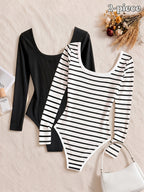 2pcs Set Classic Basic Square Neck Long Sleeve Bodysuit Women'S Slim Fit One-Piece Base Layer Easy Striped Solid Double Style Close-Fitting Non-Tight Commute Inner Wear All-Match Shaping Long Sleeve Top (Necklace Not Included) - Black+Stripe