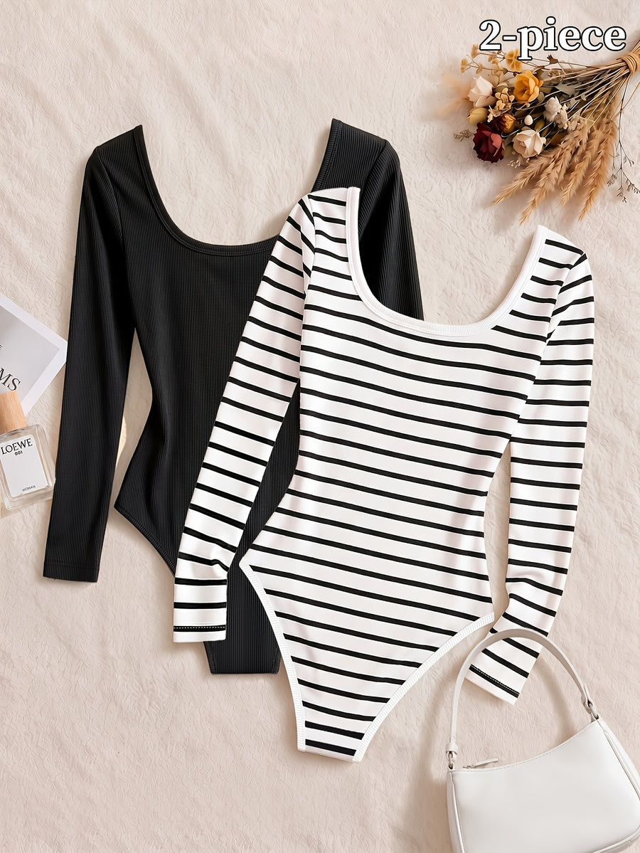 2pcs Set Classic Basic Square Neck Long Sleeve Bodysuit Women'S Slim Fit One-Piece Base Layer Easy Striped Solid Double Style Close-Fitting Non-Tight Commute Inner Wear All-Match Shaping Long Sleeve Top (Necklace Not Included) - Black+Stripe