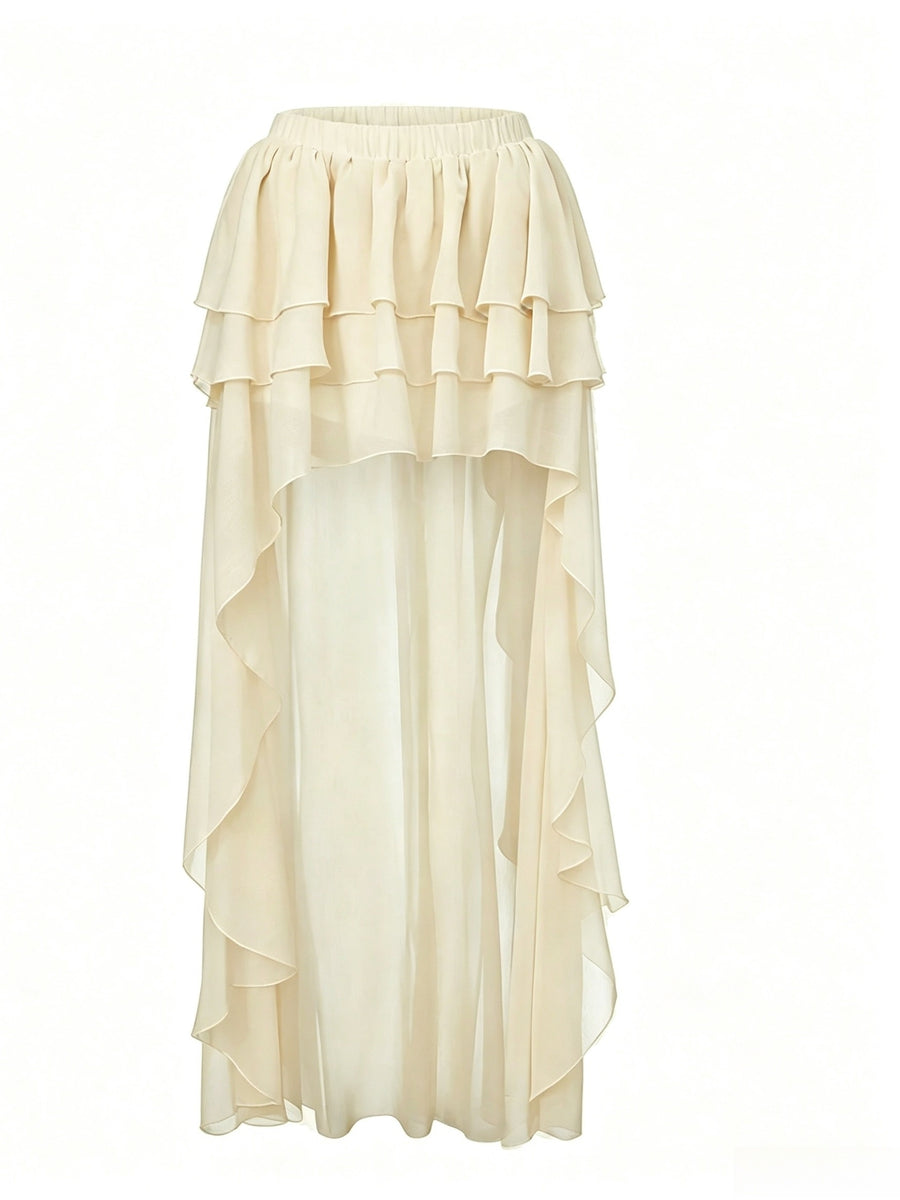 Women'S Elegant Layered Chiffon Ruffled Asymmetrical Maxi Skirt, Suitable for Autumn, Concerts, Vacation Wear, Ruffled Chiffon A-Line Skirt, Bohemian Beach Style - Off-white