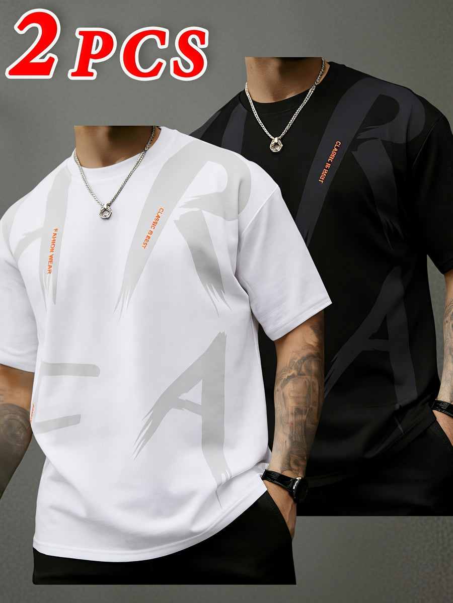 2pcs, Men'S Short Sleeve T-Shirts, Summer Short Sleeve Fashion Trendy Short Sleeve T-Shirts, Loose Letter Print Elastic Short Sleeve Sports Top, Teenager Round Neck Breathable Trendy T-Shirt, Suitable for Daily Wear, School, Street, Sports Wear - 2pcs-white+black