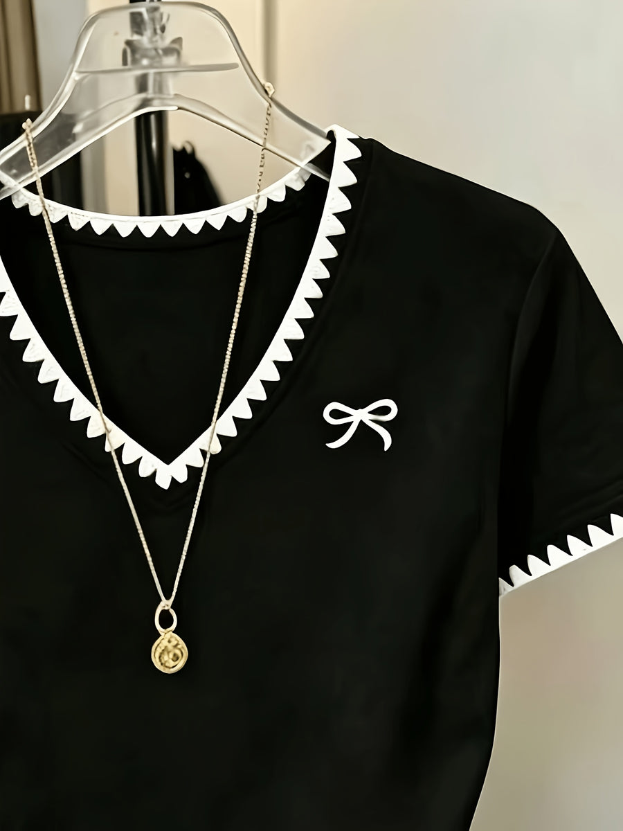 XXFL Directional Style Summer Regular Shoulder V-Neck Color-Block Fashion Versatile Short-Sleeve Top T-Shirt - Black