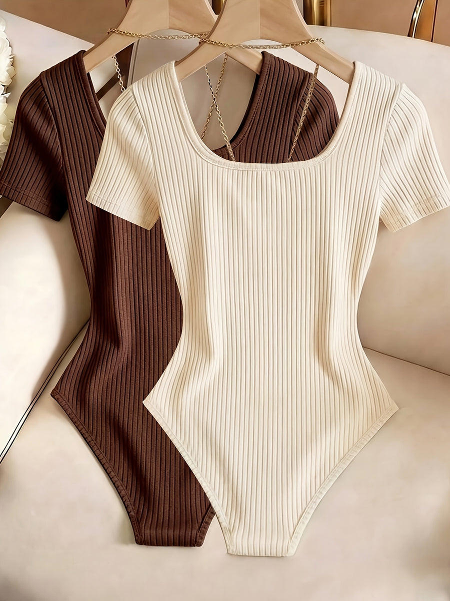 2pcs Women's Ribbed Solid Color Short Sleeve Slim Fit Tight-Neck Top, Elegant Bodycon Base Layer - Apricot+Coffee Color