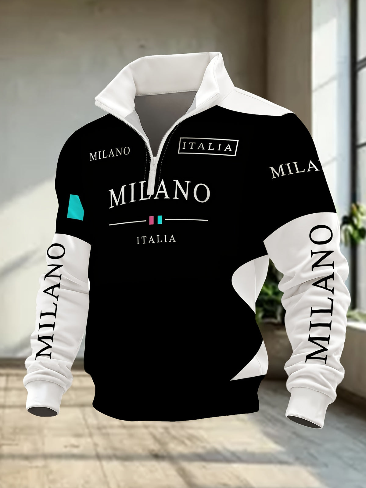 Men'S Half-Zip Lapel Sweatshirt Fashion Letter Print Casual Pullover Trendy Color-Block Patchwork Spring/Autumn Athletic Top Winter Clothes for Men - Mixed Color 1