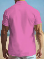 Men'S Solid Color Short Sleeve Shirt, Summer Lightweight Breathable Fabric, Classic Collar, Loose Fit, Textured Fabric, Suitable for Casual, Office & Weekend Wear, Short Sleeve Top, Non-Stretch Material, Durable Casualwear, Outdoor Casual - Pink Color