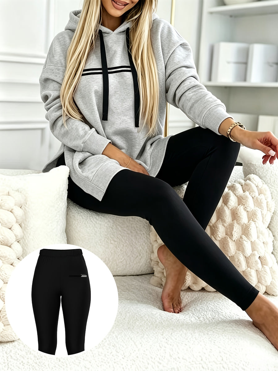 Autumn/Winter Set: Hooded Sweatshirt And Fitted Long Pants (Pattern Print Design) - Light gray with black